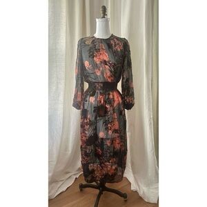 Sheer Black with Velvet Floral Print Women's Midi Dress